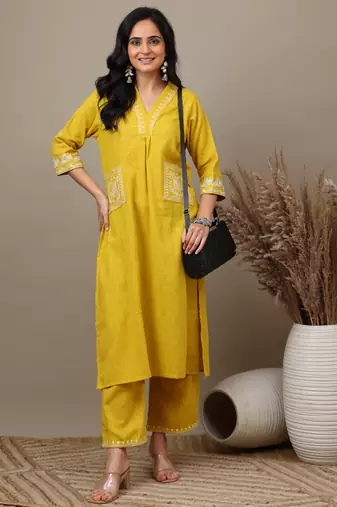 Yewllo cotton embroidered kurta with palazzo set 