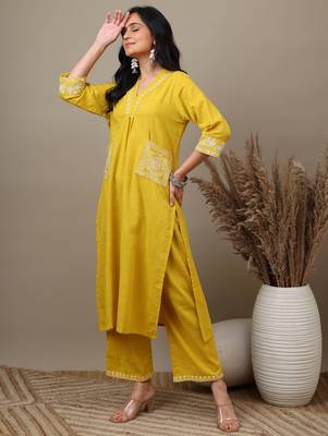 Yewllo cotton embroidered kurta with palazzo set  4
