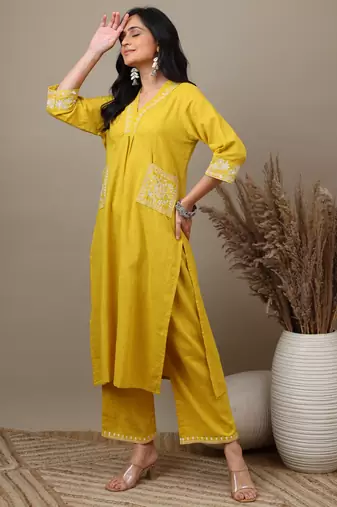 Yewllo cotton embroidered kurta with palazzo set 