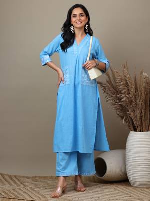 Sky Blue cotton embroidered kurta with palazzo set 4
