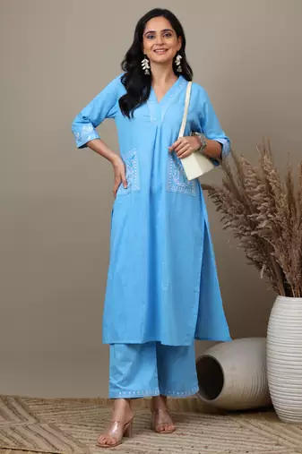 Sky Blue cotton embroidered kurta with palazzo set