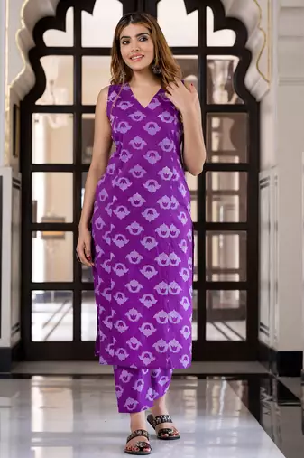 Purple cotton straight kurta set