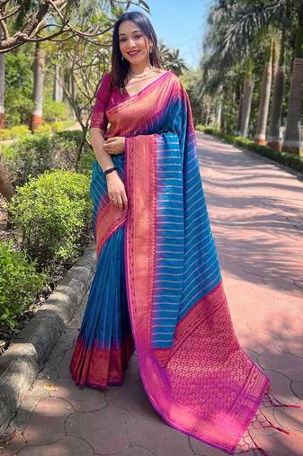 blue weaving jari designer art silk saree with blouse piece
