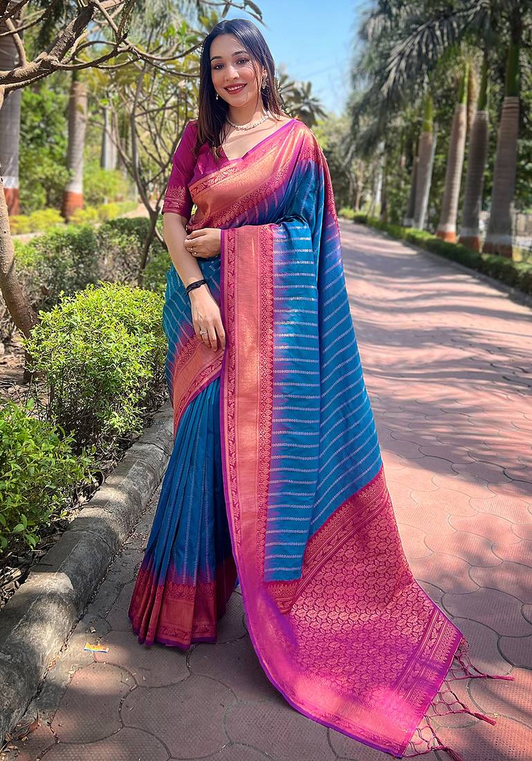 blue weaving jari designer art silk saree with blouse piece