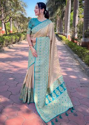 beige weaving jari designer tissue silk saree with blouse piece 1