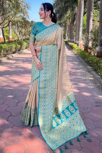 beige weaving jari designer tissue silk saree with blouse piece