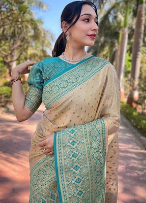 beige weaving jari designer tissue silk saree with blouse piece 2