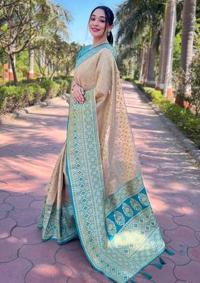 beige weaving jari designer tissue silk saree with blouse piece 3