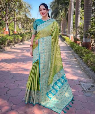 green weaving jari designer tissue silk saree with blouse piece 1