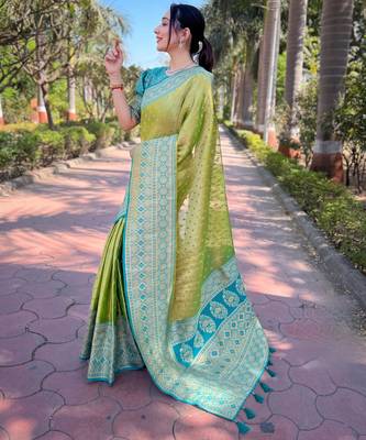 green weaving jari designer tissue silk saree with blouse piece 3