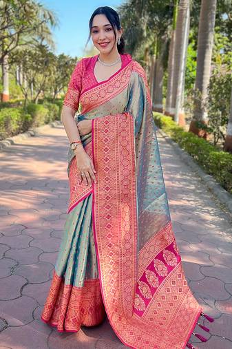 grey weaving jari designer tissue silk saree with blouse piece