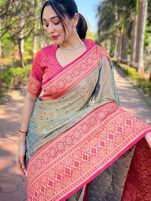 grey weaving jari designer tissue silk saree with blouse piece 2
