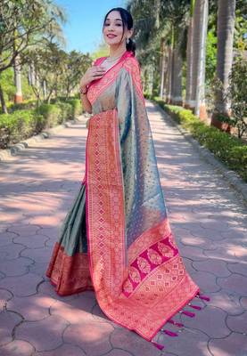grey weaving jari designer tissue silk saree with blouse piece 3