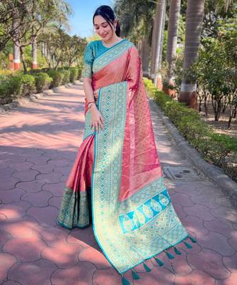 pink weaving jari designer tissue silk saree with blouse piece 1