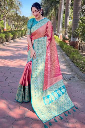 pink weaving jari designer tissue silk saree with blouse piece