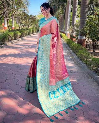 pink weaving jari designer tissue silk saree with blouse piece 3