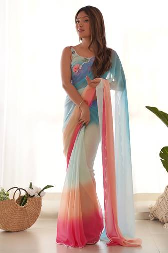 sky blue pedding color embroidery work faux georgette saree with blouse piece