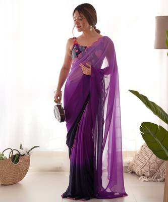 purple pedding color embroidery work faux georgette saree with blouse piece 1