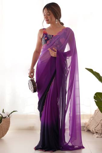 purple pedding color embroidery work faux georgette saree with blouse piece