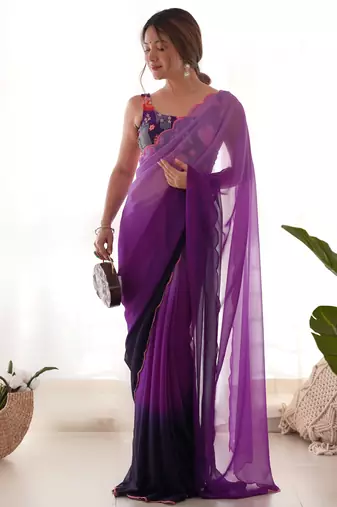 purple pedding color embroidery work faux georgette saree with blouse piece