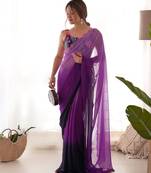 purple pedding color embroidery work faux georgette saree with blouse piece