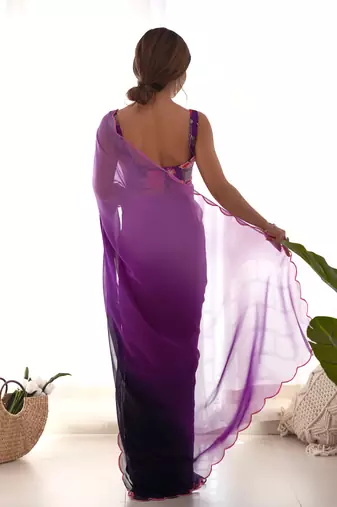 purple pedding color embroidery work faux georgette saree with blouse piece