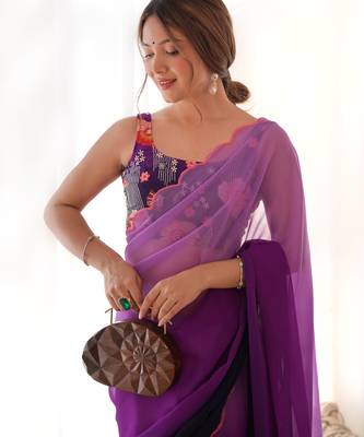 purple pedding color embroidery work faux georgette saree with blouse piece 3