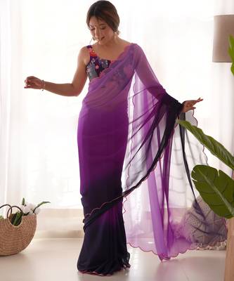 purple pedding color embroidery work faux georgette saree with blouse piece 4