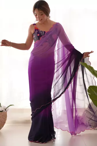 purple pedding color embroidery work faux georgette saree with blouse piece