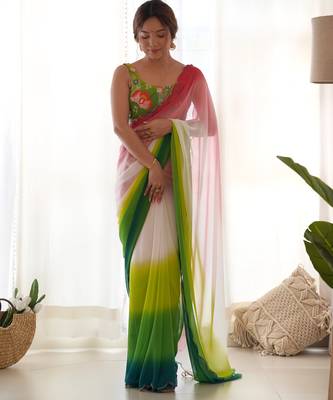 green pedding color embroidery work faux georgette saree with blouse piece 1