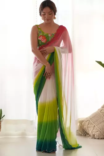green pedding color embroidery work faux georgette saree with blouse piece