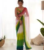 green pedding color embroidery work faux georgette saree with blouse piece