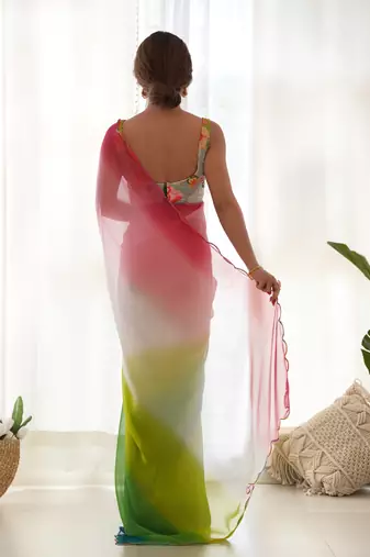 green pedding color embroidery work faux georgette saree with blouse piece