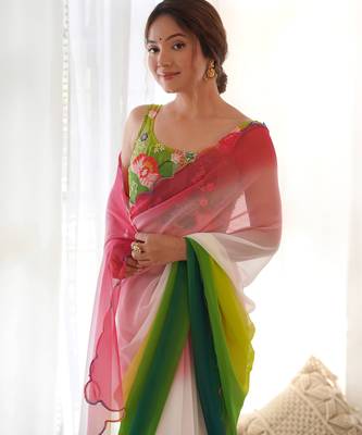 green pedding color embroidery work faux georgette saree with blouse piece 3
