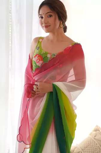 green pedding color embroidery work faux georgette saree with blouse piece