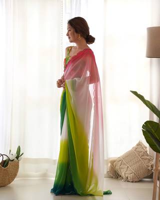 green pedding color embroidery work faux georgette saree with blouse piece 4