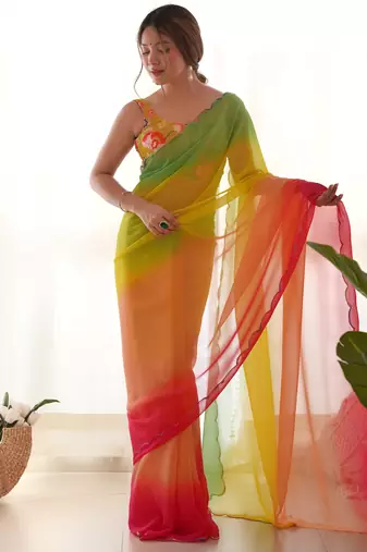 pink pedding color embroidery work faux georgette saree with blouse piece