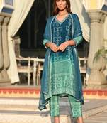 Teal soft chinnon silk kurta pant with dupatta set
