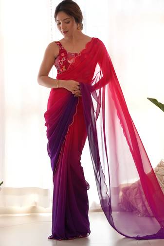 red pedding color embroidery work faux georgette saree with blouse piece