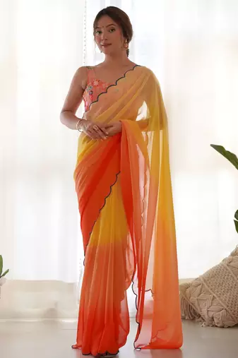 orange pedding color embroidery work faux georgette saree with blouse piece