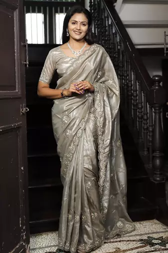 grey heavy thread embroidery cut work art silk saree with blouse piece