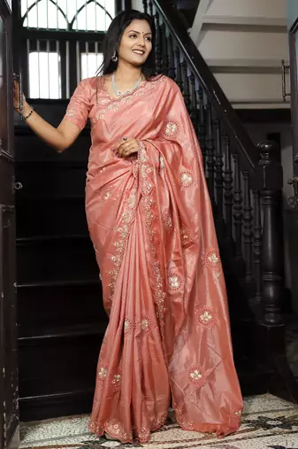 rust heavy thread embroidery cut work art silk saree with blouse piece