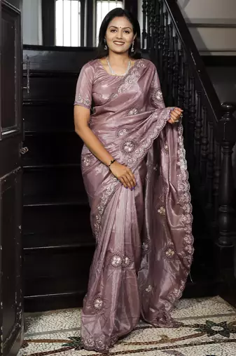 purple heavy thread embroidery cut work art silk saree with blouse piece