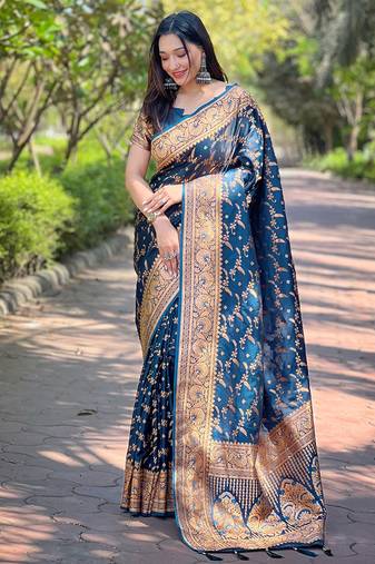 blue woven Zari Banarasi art silk saree with blouse piece