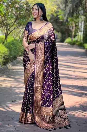 purple woven Zari Banarasi art silk saree with blouse piece