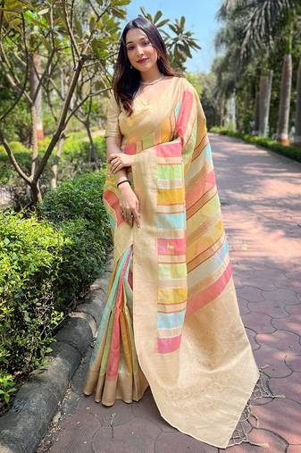 chiku woven multicolor designer organza saree with blouse piece
