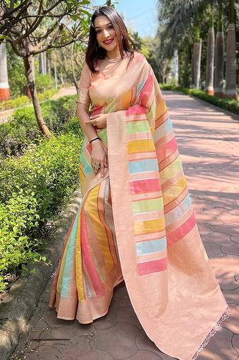 light peach woven multicolor designer organza saree with blouse piece