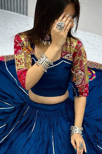 Traditional Ajrakh Print Cotton Kali Pattern with Patchwork Lehenga Choli