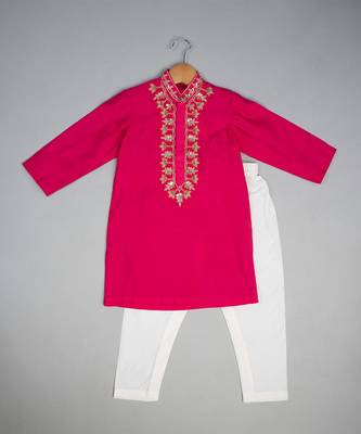 Pink embroidered silk kurta pyjama 1