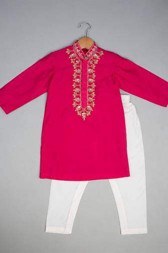 Pink embroidered silk kurta pyjama